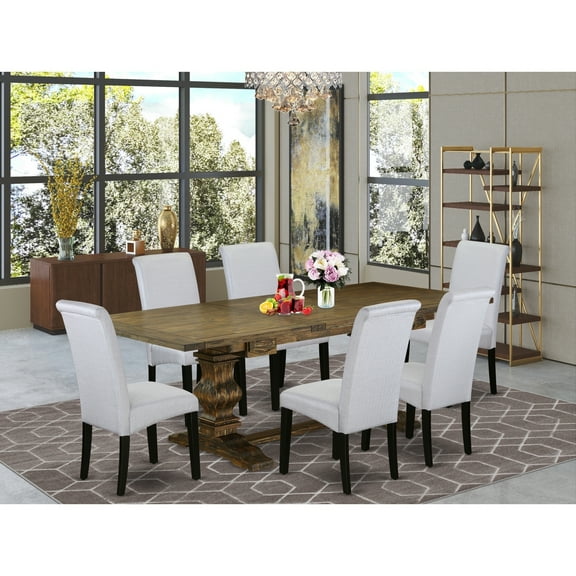 HomeStock Eclectic Escape 7-Piece Wood Dining Table Set With ChairS Legs And Gray Linen Fabric Dining Chairs Set Of 6 And Wooden Dining Table - Black And Distressed Jacobean Finish