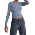 thumbnail image 5 of Caoirhny Womenacute;s Autumn Slim Cropped Tops, Solid Color Round-Neck Long Sleeve Show Navel T-Shirt, 5 of 9