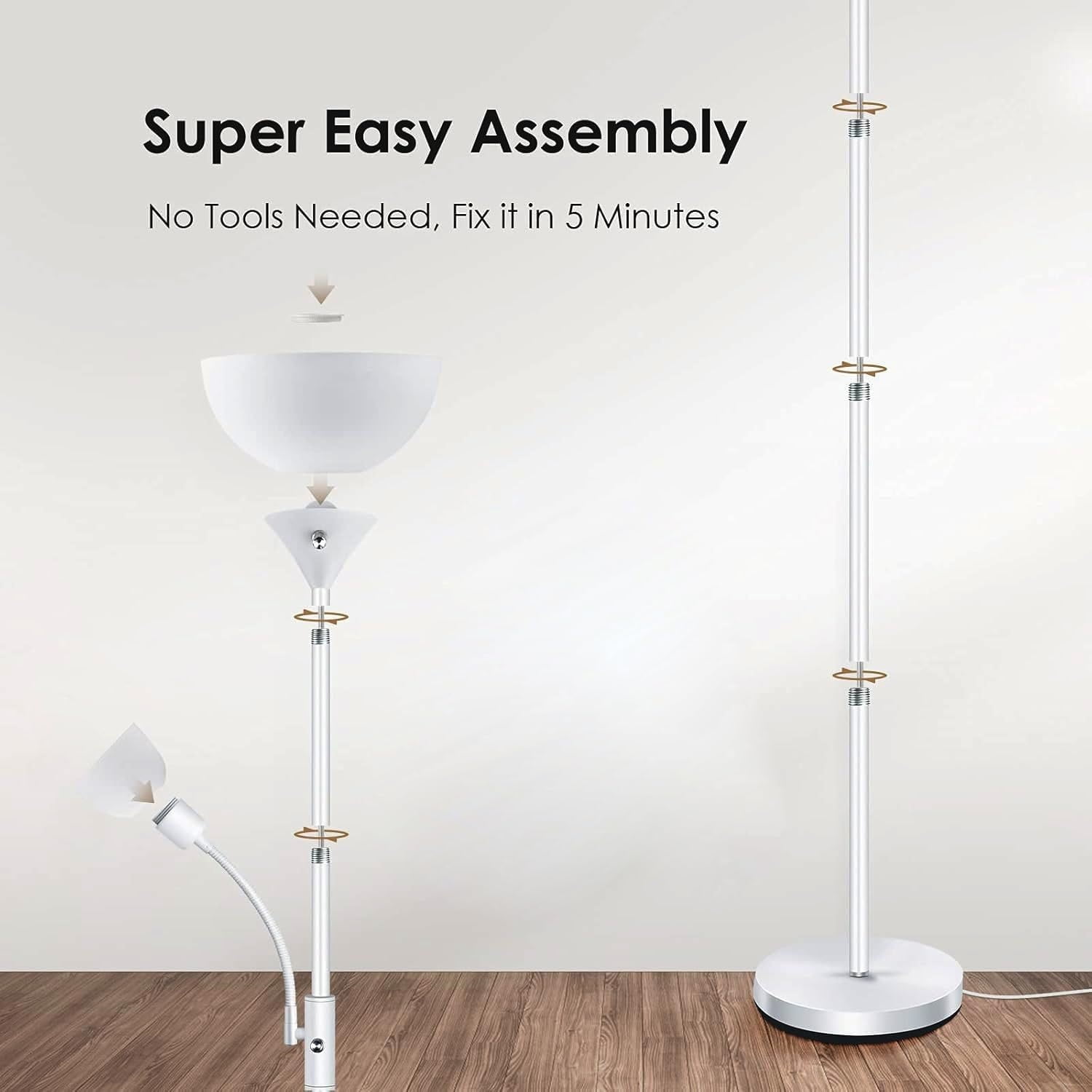 Floor Lamps for Living Room, Standing Lamp, 71" Tall Pole Lamps with Adjustable Reading Light, 3-Way Rotary Switch, Plastic Shade, Bright Corner Lamp for Bedroom, White(E26, No Bulb)