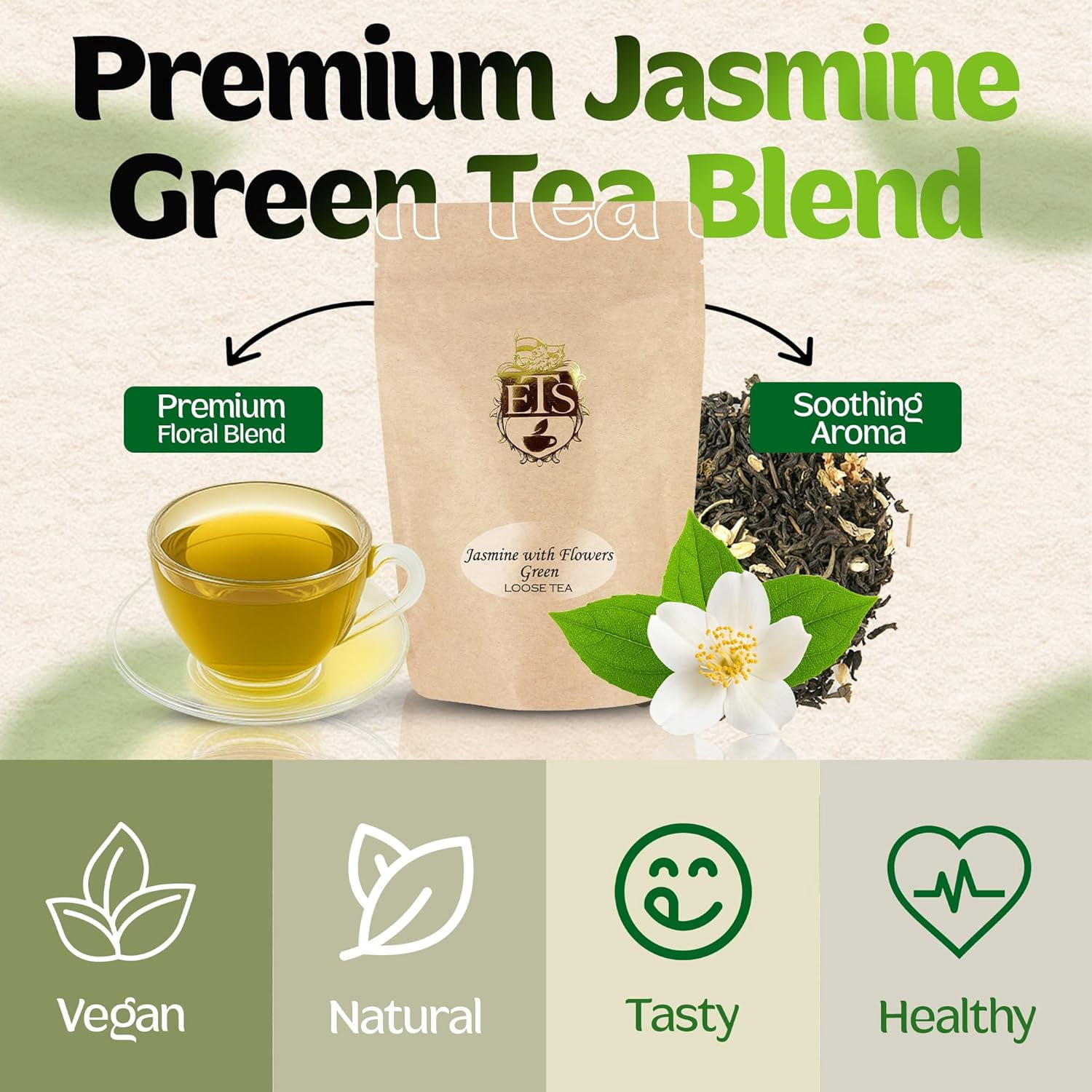 Jasmine with Flowers Green Tea | Loose Leaf Tea Pouch - 16oz Bulk Bag | Premium Floral Blend from Fujian China | Soothing Aroma | Steamed Green Tea | English Tea Store