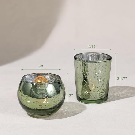 JUNXIAO-12 Pcs Assorted Green Votive Candle Holders for Wedding, Mercury Tealight Candle Holder Glass, Bridal Table Decorations for Home Party, Birthday Rehearsal Dinner Decorations
