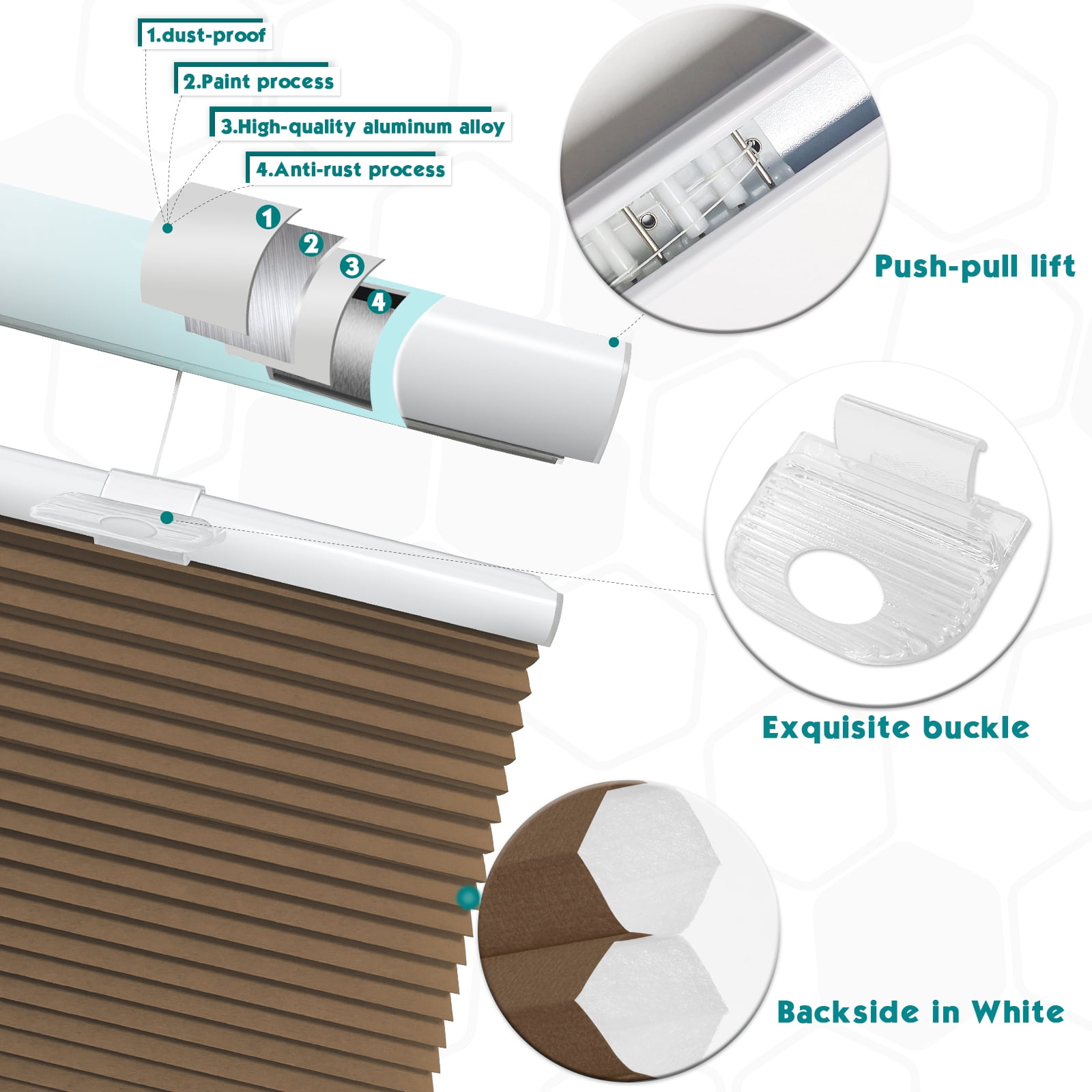 Keego Cordless Cellular Shades Window Blinds Modern Size and Color Customizable Brown Blind Light Filtering 48"w x 48"h