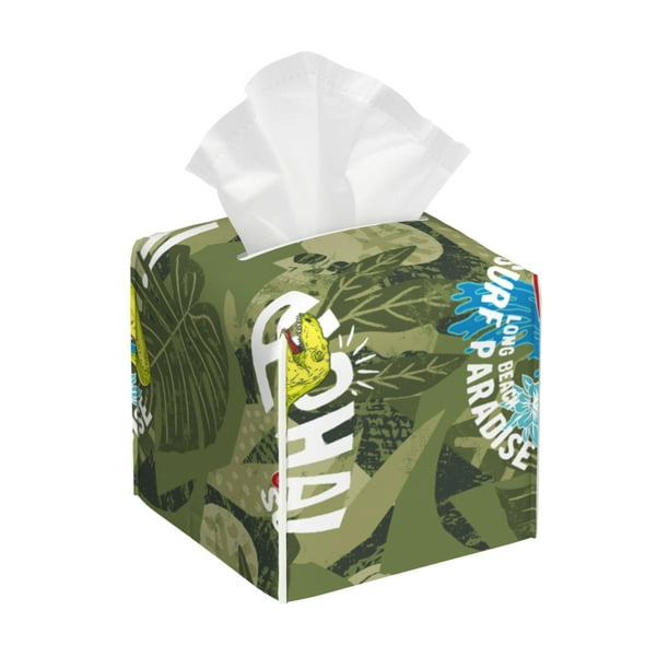 Balery Surfing Dinosaur Porta Pañuelos de Cuero con Estampado – Funda Moderna Cuadrada para Caja de Pañuelos, Dispensador 5x5x5''