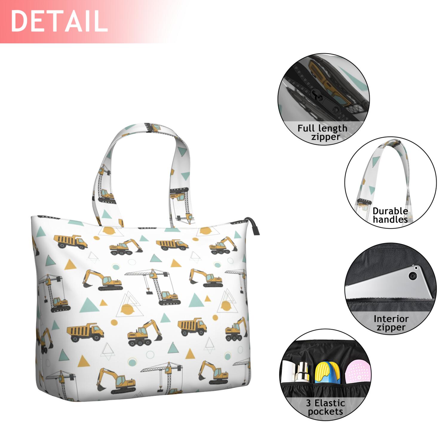 Cartoon Construction Vehicles Geometric Shapes Travel Tote Bags for Women Carry On,Large Weekender Bags for Women Travel,Multi Functional Duffle Bag for Work,Shopping,Sports