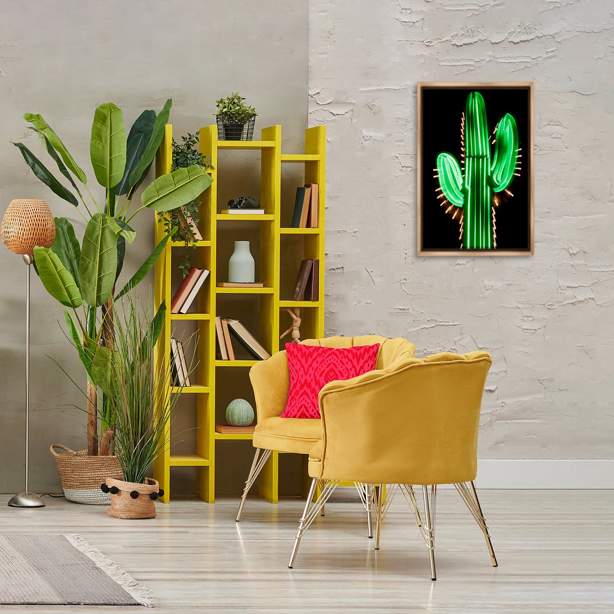 Stupell Industries Neon Lights Cactus Botanical & Floral Painting Brown Floater Framed Canvas Art Print Wall Art, 17 x 25