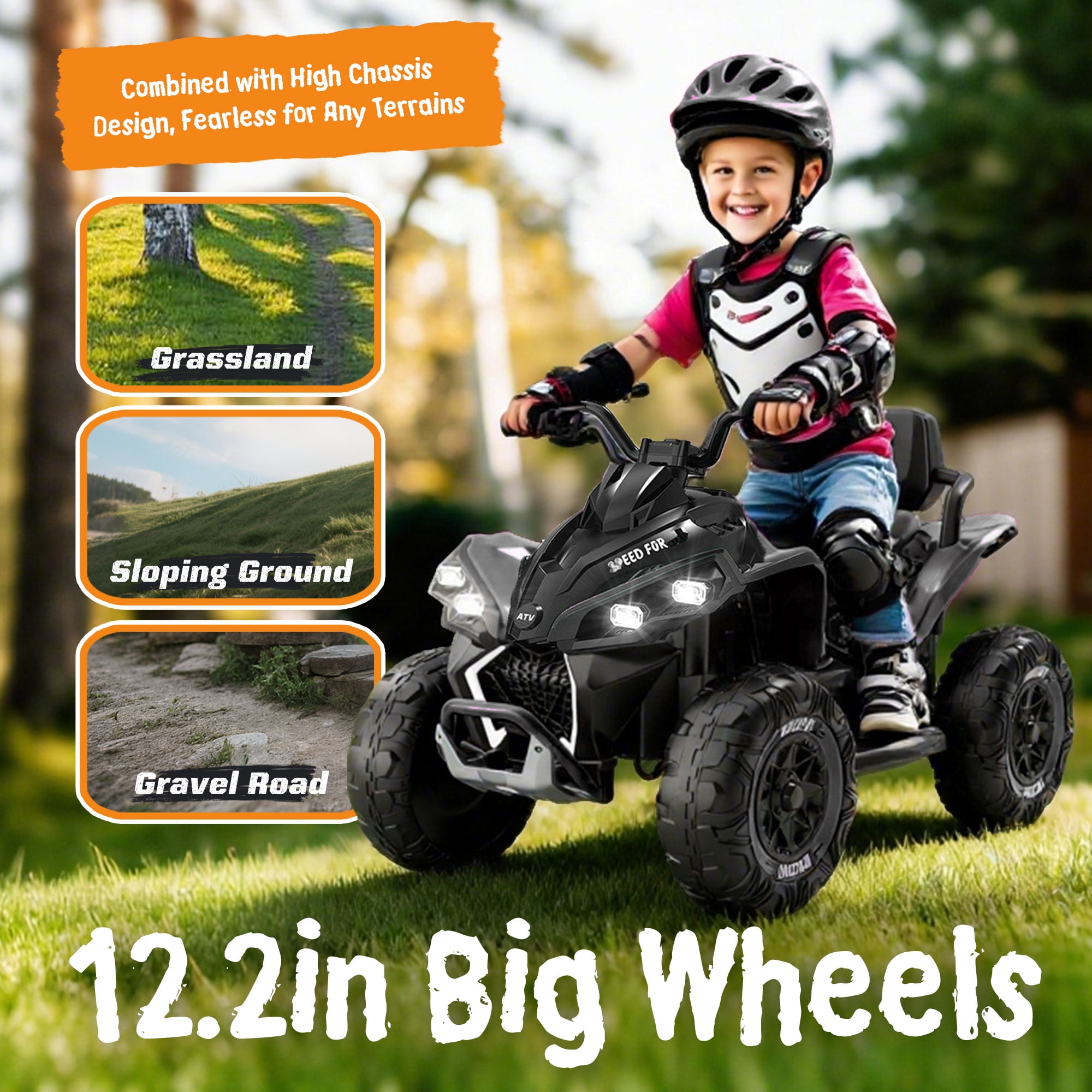 SaveJoy 24V Kids Electric XXXL ATV with Parent Remote Control, 4-Wheel Shock Absorber, Bluetooth Music & English, Black