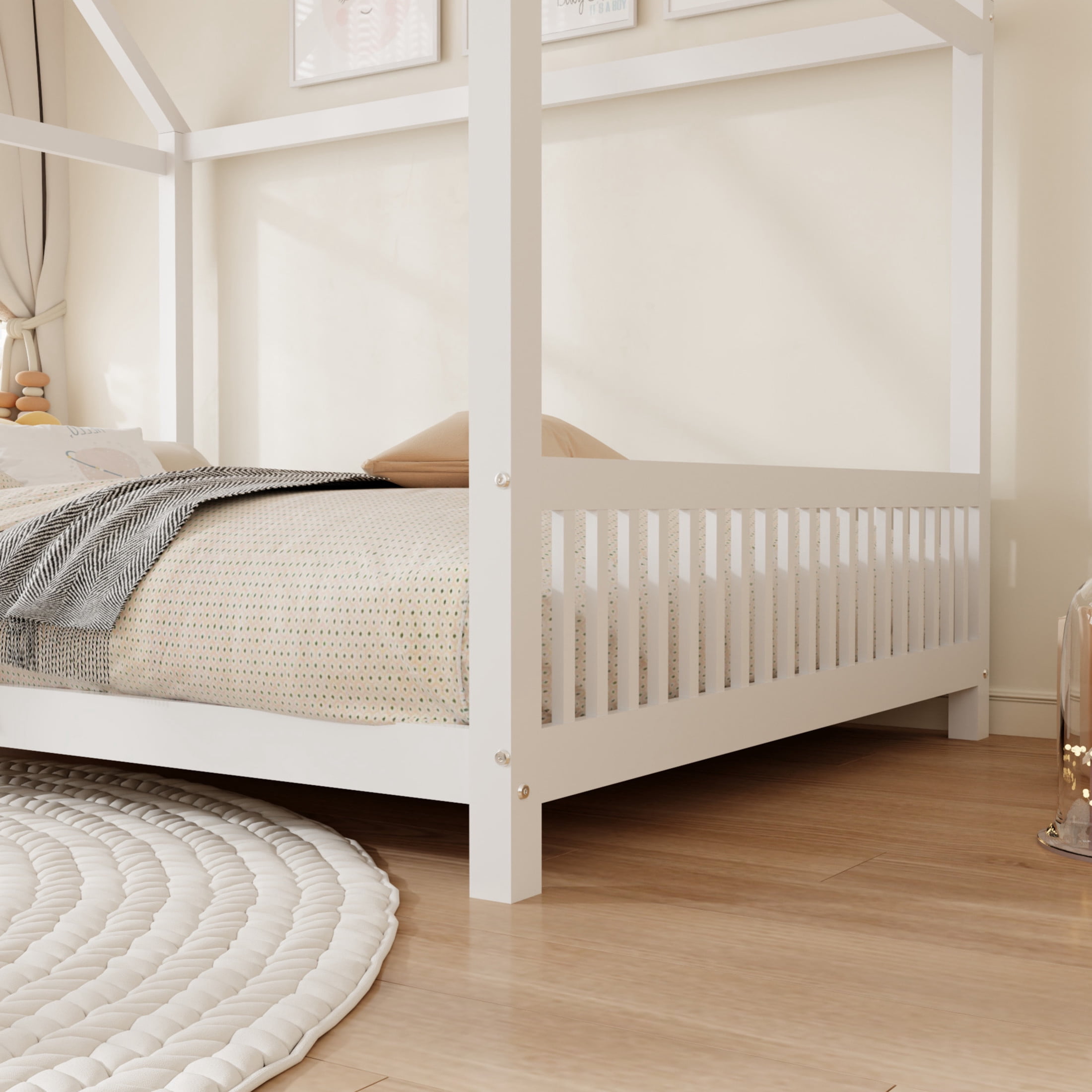 Noble House Auburn Full Size Wood House Bed with Integrated Guardrail and LED Lights, Sturdy 4-Poster Play Bed, White
