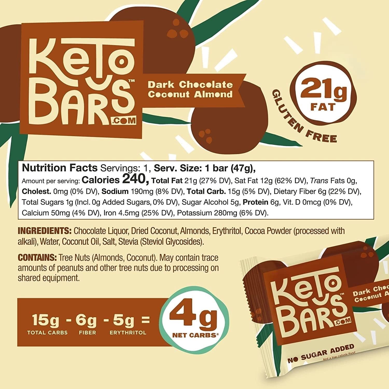 Keto Bars Dark Chocolate Coconut Almond - Low Carb, No Sugar, Gluten Free, High Fat Snack Bars (10 Pack)