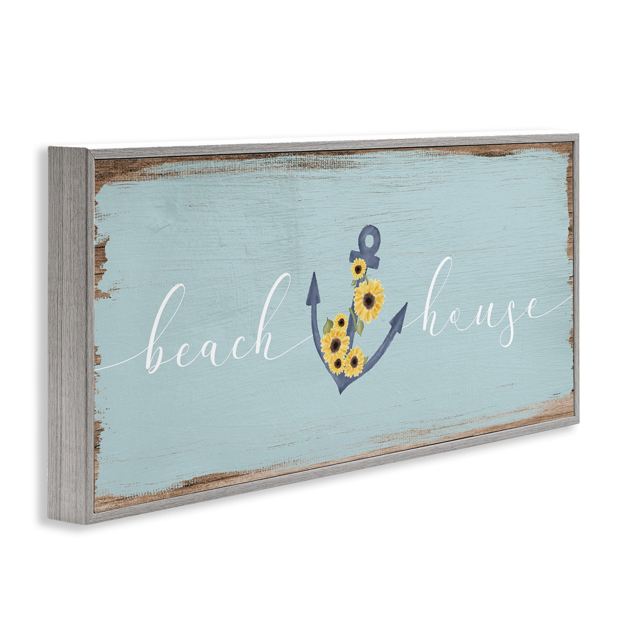 Stupell Industries Beach House with Floral Anchor Nature Painting Gray Framed Art Print Wall Art, 24 x 10