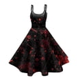 thumbnail image 3 of Women's Punk Gothic Halloween Midi Dress, Off Shoulder Spaghetti Strap A-Line Swing Dress, Blood Drip Retro Print Costume for Halloween Cosplay & Cocktail Parties Black B L, 3 of 4
