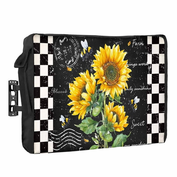 Outdoor TV Cover 36 to 39 Inches, Sunflower Vintage Floral Bee Farmhouse Black Buffalo Plaid Waterproof TV Cover with Remote Control Pocket, Flat Screen TV Cover Protector for Outside TV