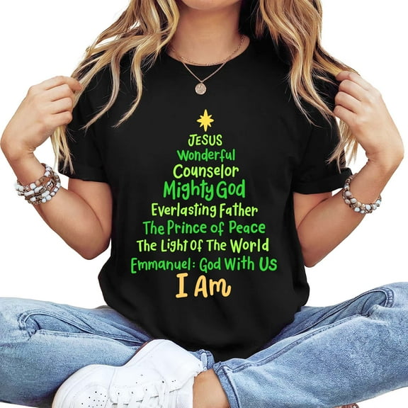 Women's Cotton Short-Sleeve T-Shirt with "Jesus Christmas Tree" Religious Graphic