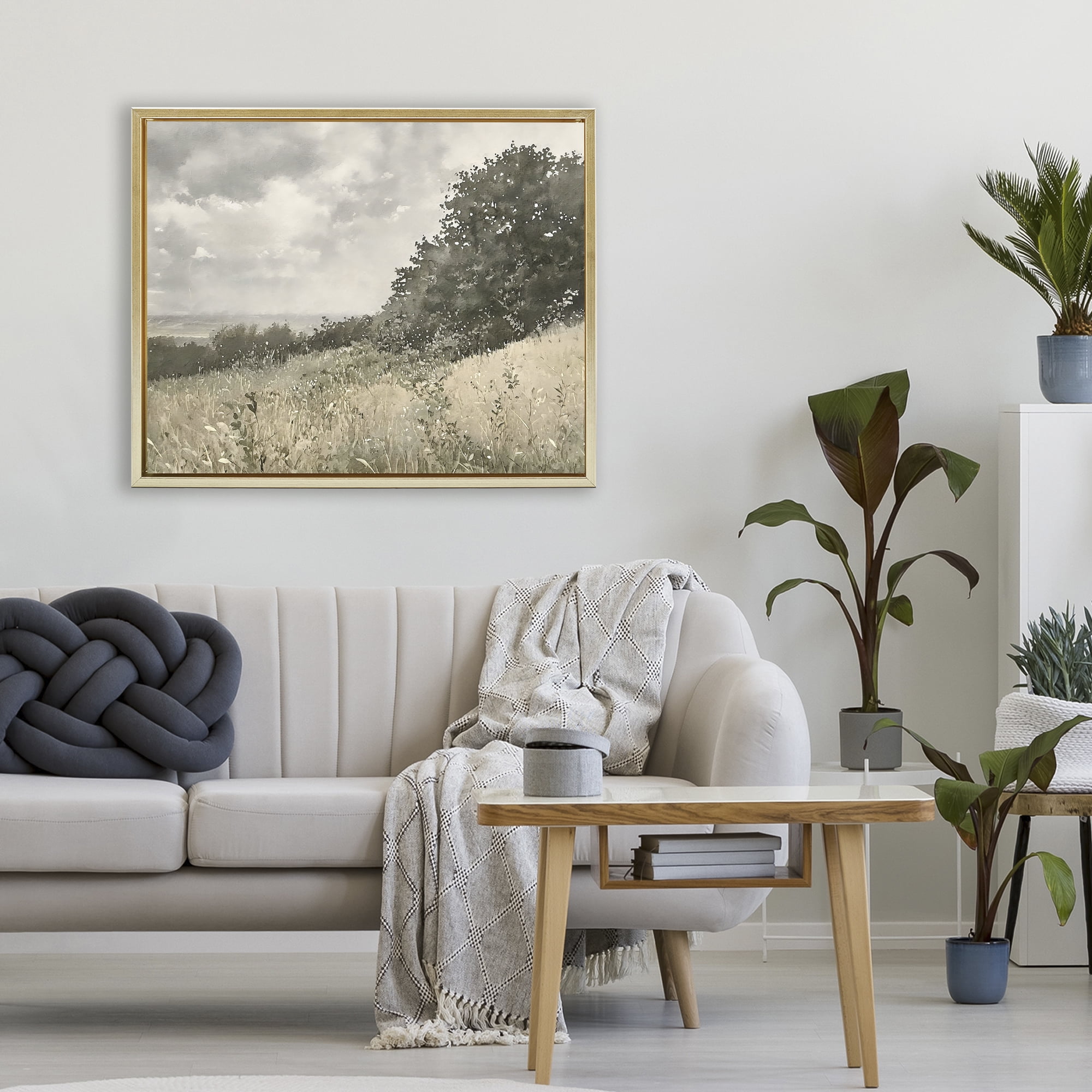 Stupell Industries Soft & Subtle Meadow Landscape Gold Framed Floater Canvas Wall Art, design by Riley B