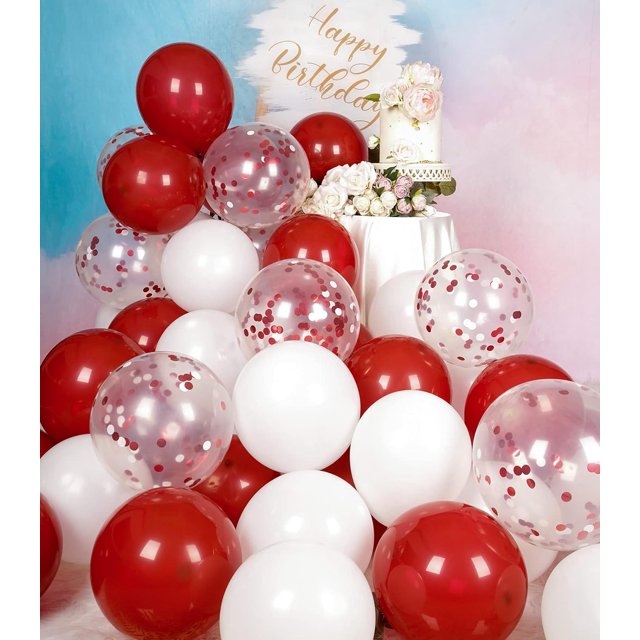 RainbowQ Ballons de Fête Métalliques Brillants Rouges et Blancs 12 Pouces 68 Pcs Ballons Confettis Rouges et Blancs Ensemble de Ballons en Latex à l'Hélium pour Décorations de Remise des Diplômes Mariage Anniversaire