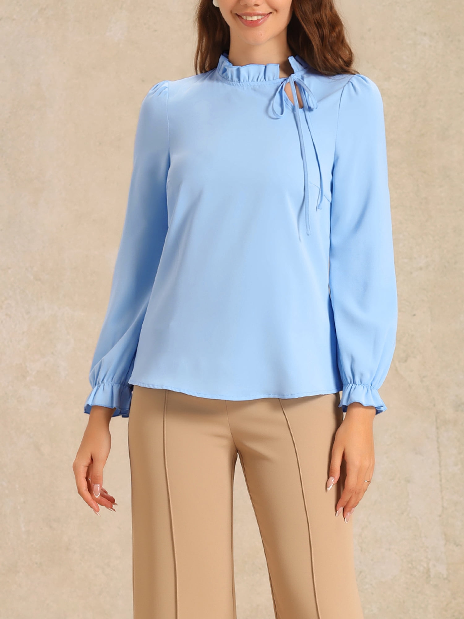 DARING DIVA Women's Spring Blouse Long Sleeve Ruffle Tie Neck Business Top M Sky Blue