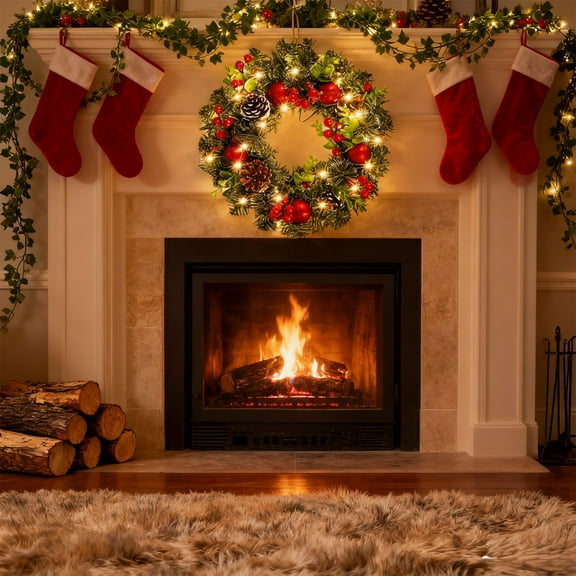 LED Christmas Wreath with Berries and Lights, Green PVC Garland for Front Door Holiday Decor, Battery Operated Hanging Ornament for Indoor Outdoor Use(C,15.85")