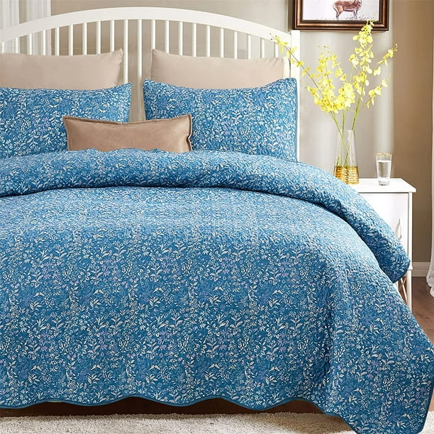 Wajade Green Floral Quilt Sets 3 Piece Quilt with 2 Shams, Lightweight