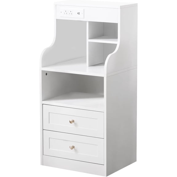 36.6" Tall LED Nightstand with Charging Station, Smart Wood Bedside Table - 2 Outlets/USB-C, RGB Lights, 2 Drawers & Storage Rack, Easy Assembly for Living Room