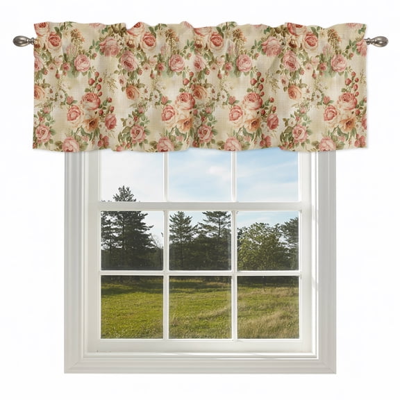 Pink Rose Vintage Linen Valances for Windows Classic Floral Leaves Plant Rod Pocket Curtain Valance Window Treatment Short Curtains for Kitchen Living Room,42x12in
