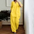 thumbnail image 2 of BYHONG Casual Outfits for Women Solid Color and Linen Three Quarter Sleeve Top and Wide Leg Pants Two Piece Set Yellow S, 2 of 9