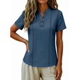thumbnail image 3 of Henley Shirts for Women Contrast Stitching Short Sleeve Blouse Button Down Stand Collar Tunic Tops Blue L, 3 of 6