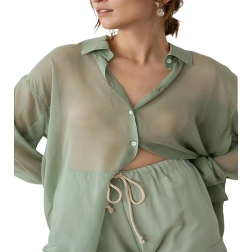 wybzd Women Summer Solid Color Lapel Collar Long Sleeve Mesh See-Through  Shirt Tops S-L