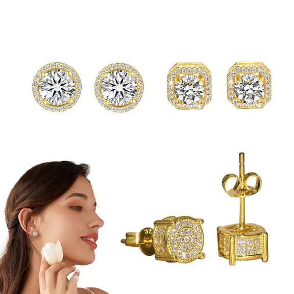 3 Pairs 18K White Gold Plated Halo Stud Earrings Cubic Zirconia Stud Earrings Round Square Hypoallergenic Stud Set for Women Men