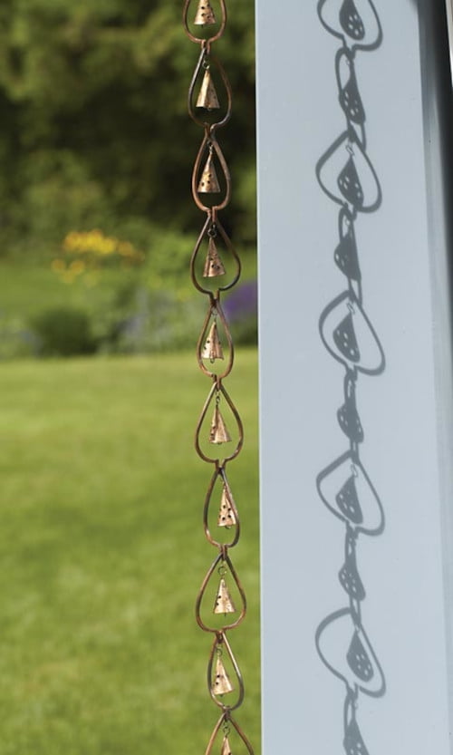 Aged Copper Aspen Leaf and Bell Rain Chain for Outdoors, Backyards, Patios and Lawns