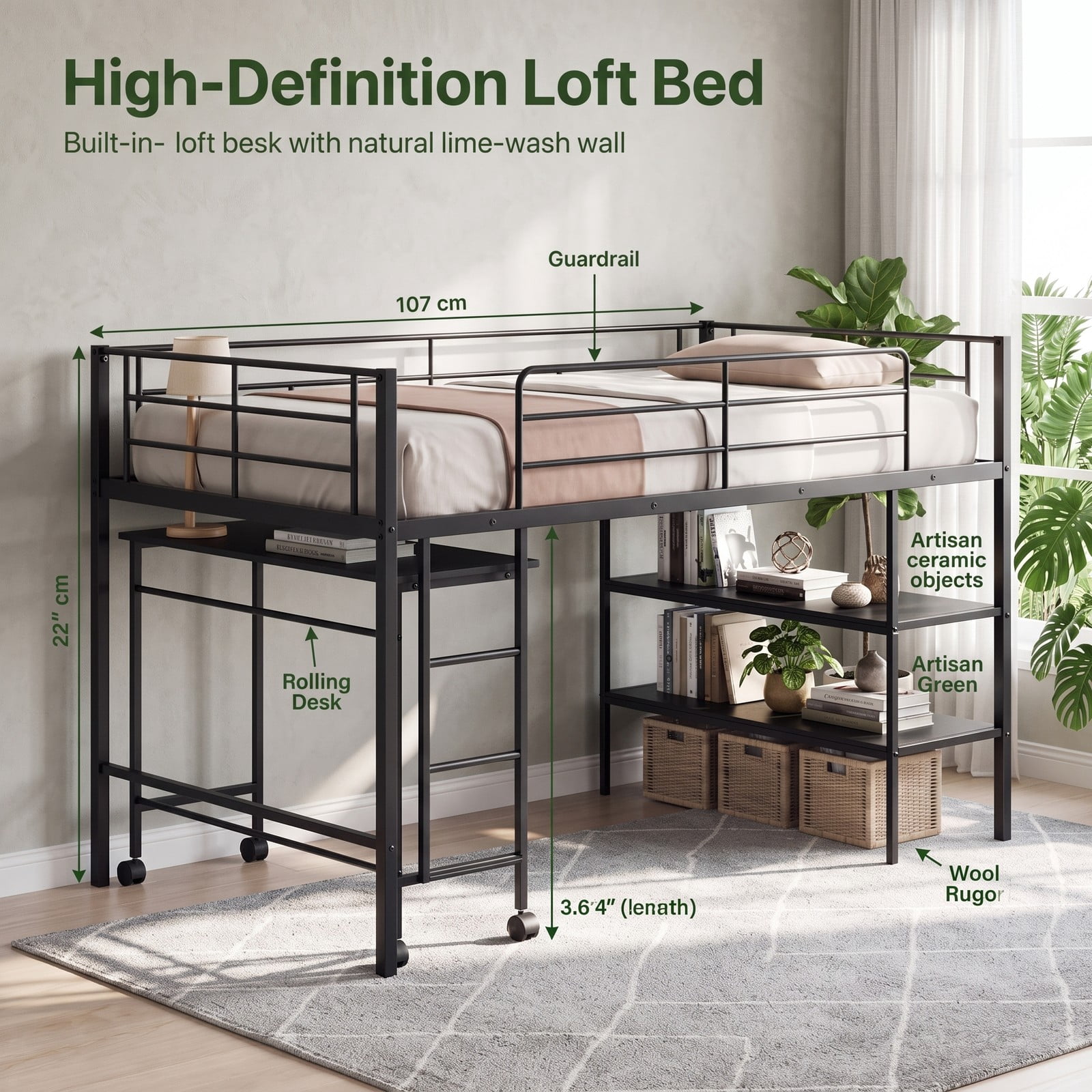 Furnibear Twin Size Loft Bed with Rolling Desk and Bookshelf for Home Office Bedroom, Space-Saving Metal Loft Bed Frame with Ladder, Black