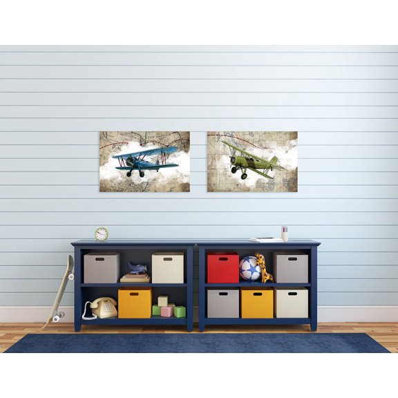 Gango Home Decor Map Biplane Wall Art; Two Beige 24x16in Fine Art Paper Giclee Prints