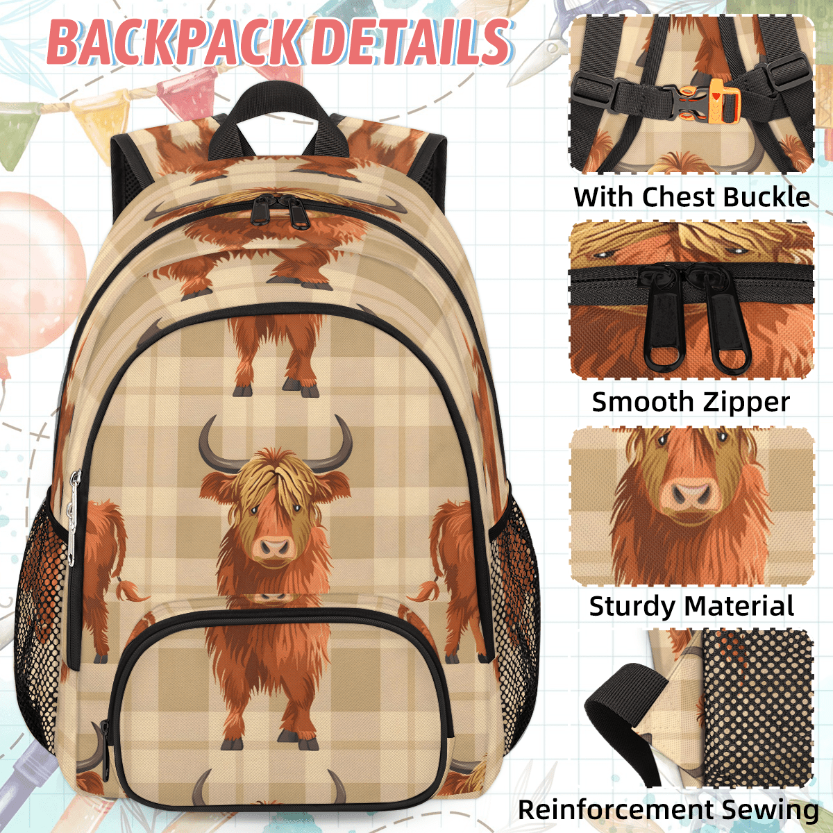 Herdesigns Cow Highland Large Backpack Set with Lunch Box Lightweight Water Resistant Travel Laptop Backpacks Casual Daypacks for Women Men
