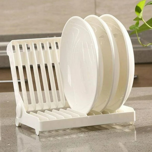 Escurreplatos Plegable, Organizador Compacto, con Capacidad para 12 Platos, Escurridor de Cocina de Plástico, Diseño Compacto, Fácil de Limpiar, Color Blanco/Azul/Blanco, 18 X 21 X 6,5 Cm