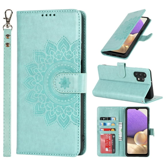 for Samsung Galaxy A32 5G Wallet Case, with Hand Strap Embossed Mandala Pattern Flower Premium PU Leather Protective Full Flip Phone Case Cover for Samsung Galaxy A32 5G,Green