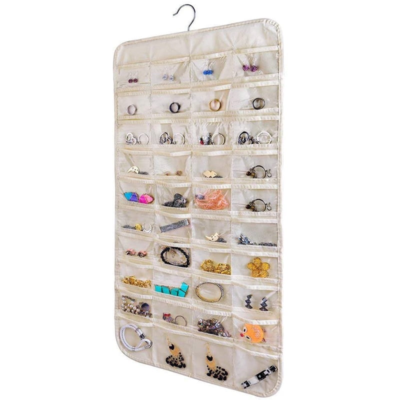 Hanging Jewelry Organizer, Earring Organizer, Dual-Sided 80-Pocket Transparent Foldable Organizers Display Necklace Earring Ring Pouch Pocket, Accessories Organizer Closet Wall Holder Beige