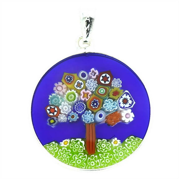 GlassOfVenice Murano Glass Millefiori Pendant "Tree of Life" in Silver Frame 1"