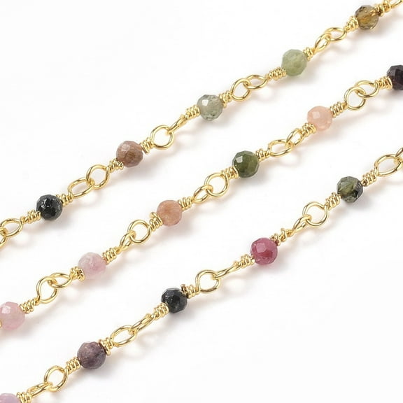 1 m 3.28 Feet Natural Tourmaline Handmade Beaded Chains with Brass Findings Golden Unwelded Round Faceted 12x1~1.25mm Bead: 2~2.5mm Tourmaline