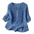 thumbnail image 4 of dgysar Womens Linen Button Blouse, 3/4 Sleeve V-Neck Casual Solid Color Lightweight Breathable Shirt Tops, Textured Natural Fabric Relaxed Fit Summer Apparel Royal Blue L, 4 of 6