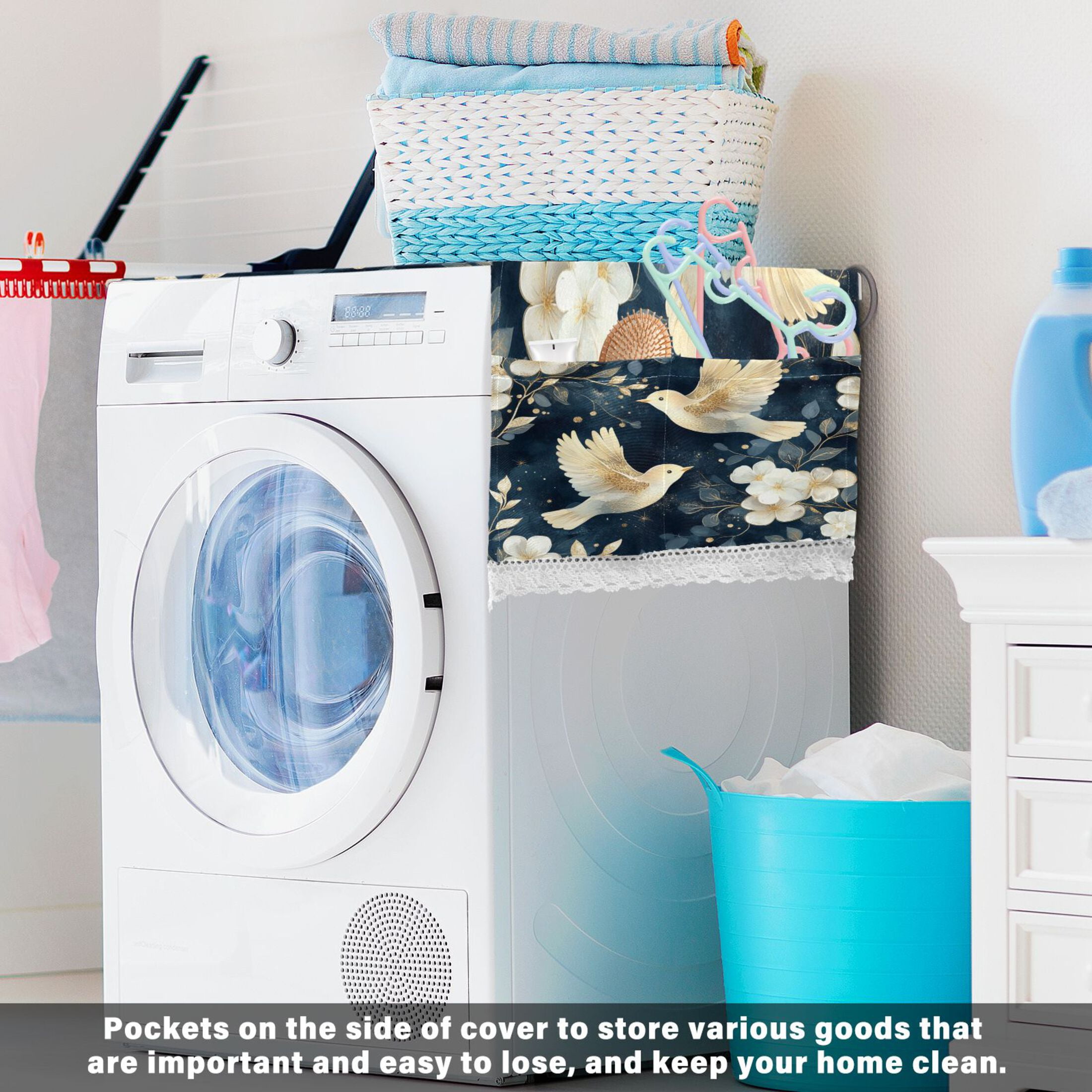 Happy Flying BirdsWasher and Dryer Covers Dust-Proof and Oil Resistant Fridge Cover with 4 Storage Pockets Washing Machine Top Cover for Laundry Kitchen Home 51.2 x 22 In