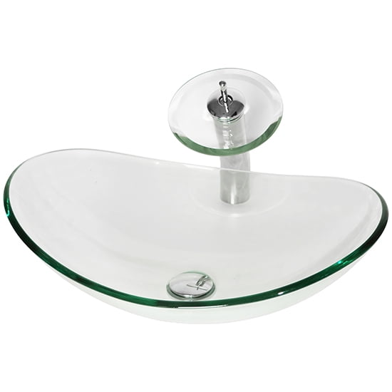 Oval Clear Tempered Glass Bathroom Vessel Sink Waterfall Faucet