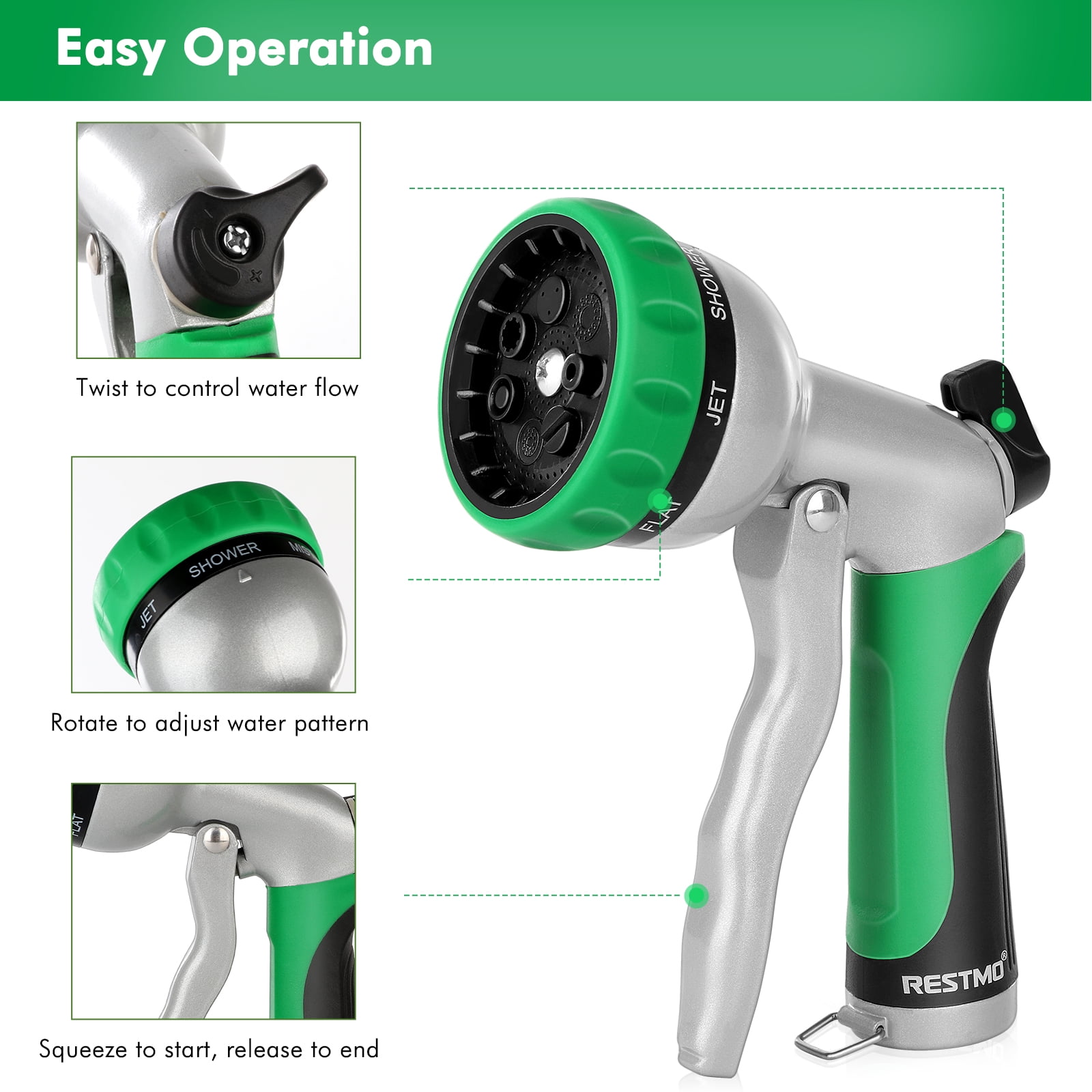 Restmo Garden Hose Nozzle, Heavy Duty Metal Water Hose Nozzle with 7 Adjustable Spray Patterns, High Pressure Hand Sprayer with Flow Control, Green