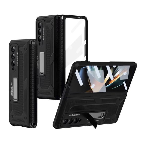 MonsDirect for 7.6 inch Samsung Galaxy Z Fold 4 5G 2022 Case, Anti-Fall Shockproof Hard PC Back Shell with Kickstand, Shell Membrane Integrated & Soft TPU Retractable Hinge for Galaxy Z Fold 4, Black