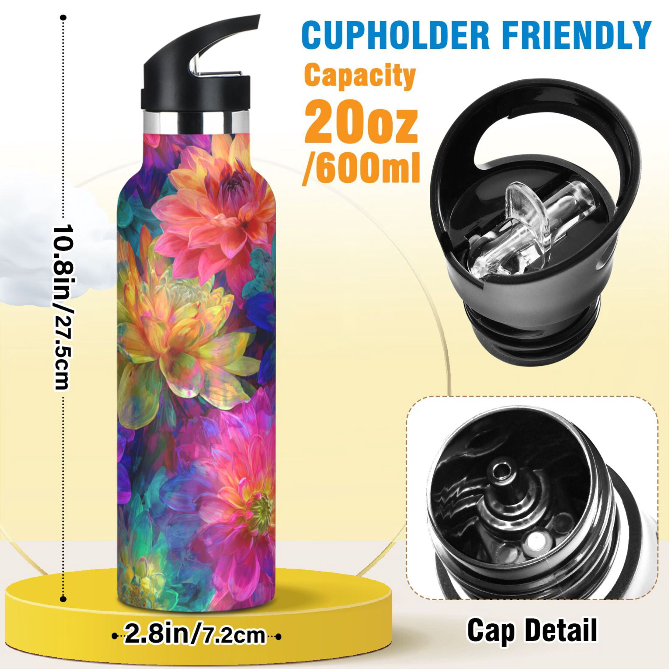 Kids Insulated Stainless Steel Sports Water Bottle 600ml (20oz) Colorful and Bright Floral Pattern