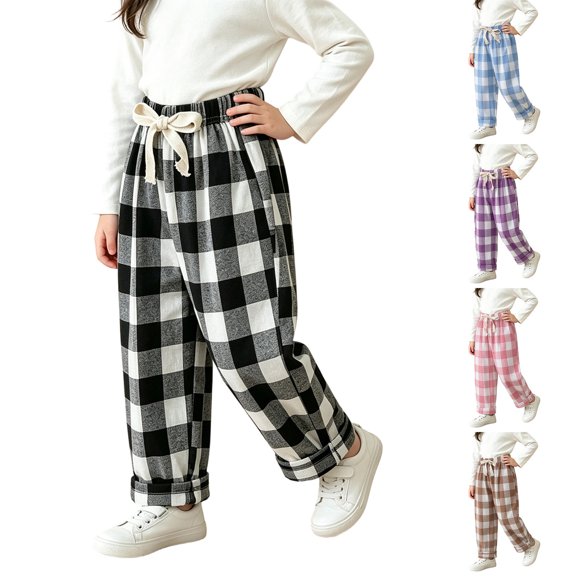 LYHaoo Boys Plaid Casual Pants Summer Lightweight Breathable Loose Fit Outdoor Trousers For Kids Toddler Youth Girls' Pants(Black)
