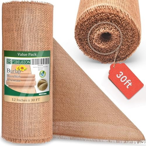 Stiffen Burlap Roll 12" x 30 FT - No-Fray Finished Edge Natural Burlap Fabric  No Odor, Eco-Friendly Burlap for Gardening, Rustic Table Decor and Other DIY Crafts