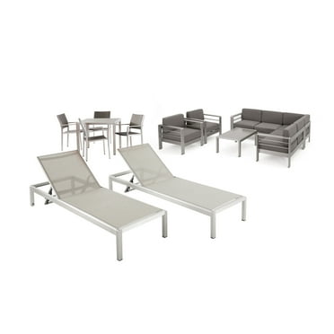 Gannon Outdoor 13 Piece Anodized Aluminum Estate Collection with Faux Wood Dining Table Top, Silver, Natural, Gray, Khaki