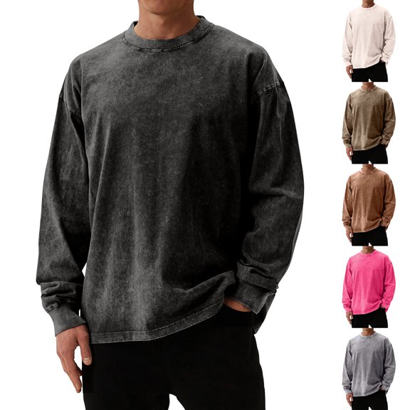 LRGSHF Oversized Tshirts for Men Long Sleeve Vintage Washed Basic Loose Tees Crew Neck Acid Wash Tshirts Fall Sports Streetwear Outfits 2026