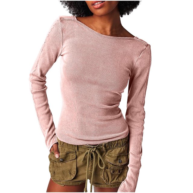 AherBiu Tops for Women Trendy Long Sleeve Fall Sexy Shirts Ribbed Knitted Slim Fitted Backless TShirts
