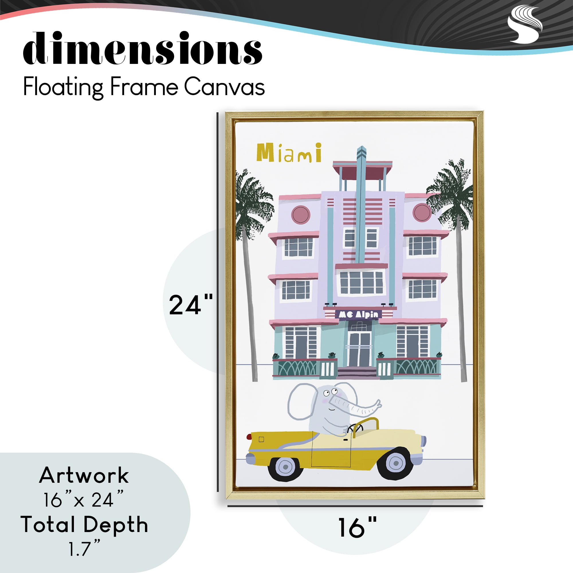 Elephant & Miami Hotel Gold Framed Floater Canvas Wall Art, design by Carla Daly