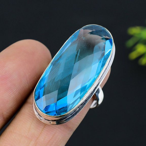 Natural Blue Topaz Gemstone Handmade 925 Sterling Silver Ring Size 8