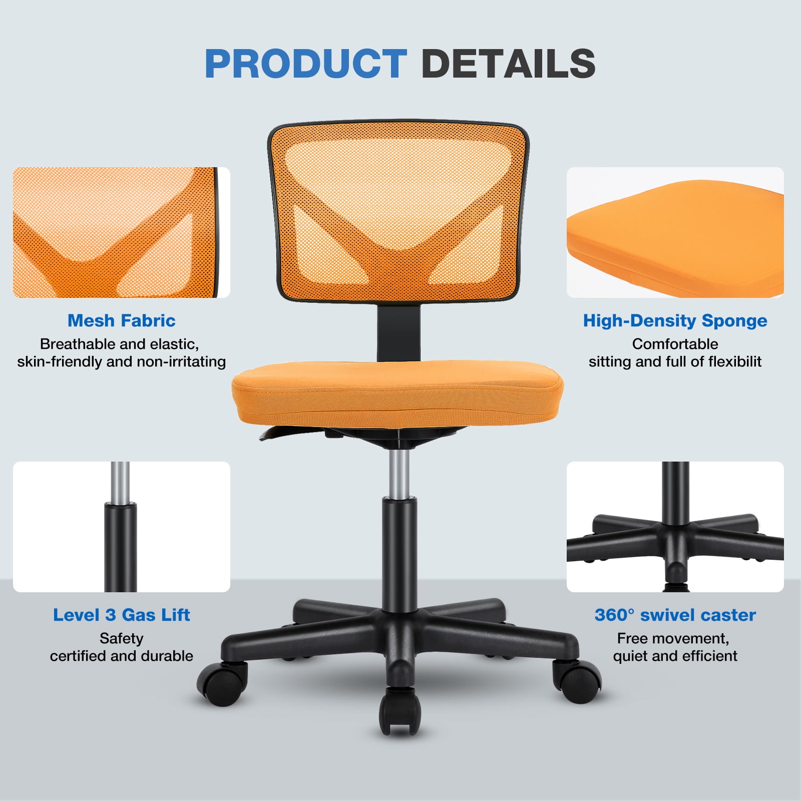 Gianna Armless Desk Chair, Home Office Rolling Adjustable Ergonomic Chairs with Low Back